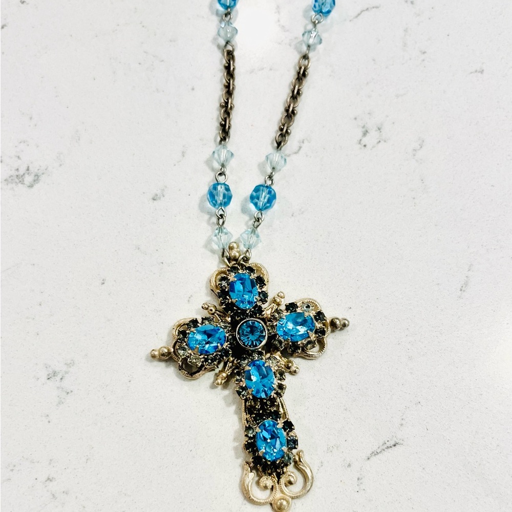 Elegant Blue Crystal Cross Necklace by Liz Palacios